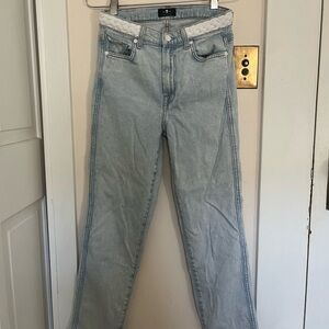 7 for all mankind jeans with white braided belt, light wash, straight leg